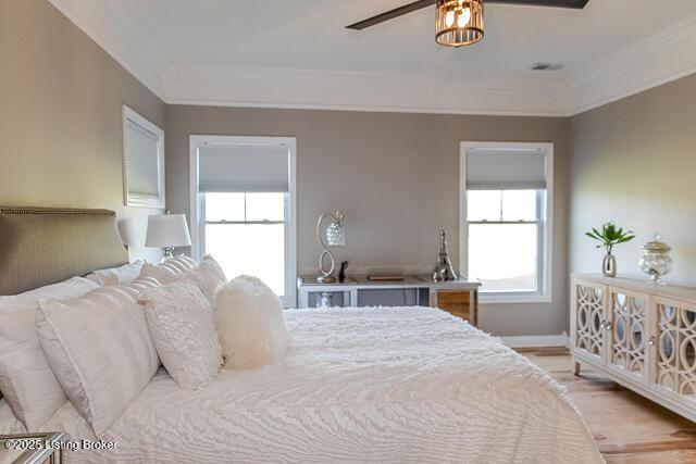 2370 N Borcherding Rd, Madison, IN 47250 - bedroom featuring crown molding, light wood finished floors, and ceiling fan