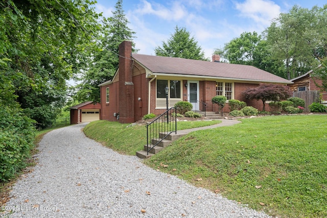 1669 Trigg St, Louisville, KY 40213 - single story home with a chimney, brick siding, driveway, an outdoor structure, and a garage