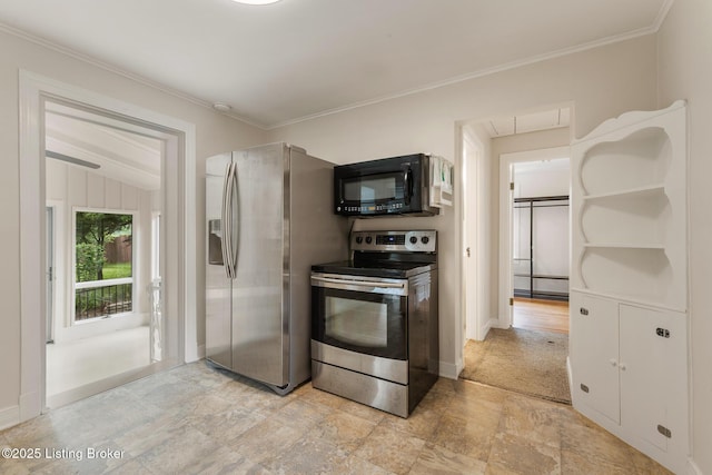 1669 Trigg St, Louisville, KY 40213 - kitchen with stainless steel appliances, light stone finish floors, and ornamental molding