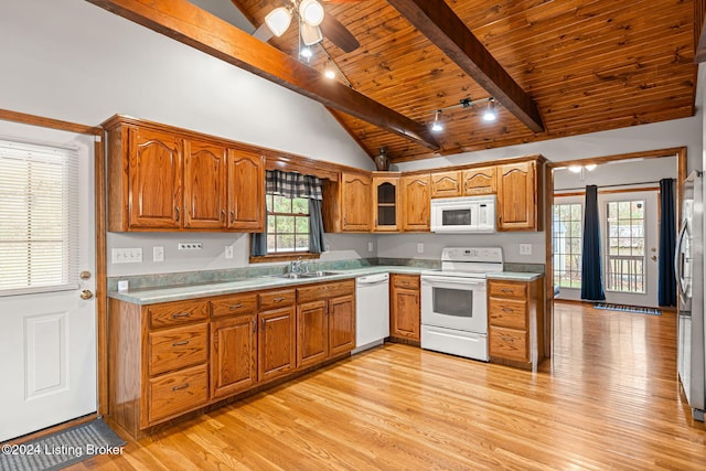 2773 Martin Pierce Rd, Cub Run, KY 42729 - kitchen featuring white appliances, wood ceiling, light wood-type flooring, light countertops, and brown cabinets