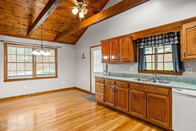 2773 Martin Pierce Rd, Cub Run, KY 42729 - kitchen with white dishwasher, wooden ceiling, pendant lighting, light wood finished floors, and light countertops