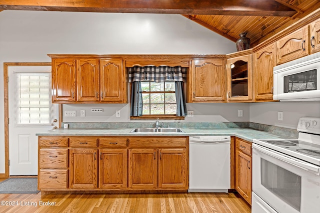 2773 Martin Pierce Rd, Cub Run, KY 42729 - kitchen with white appliances, brown cabinetry, light countertops, light wood-style flooring, and wood ceiling