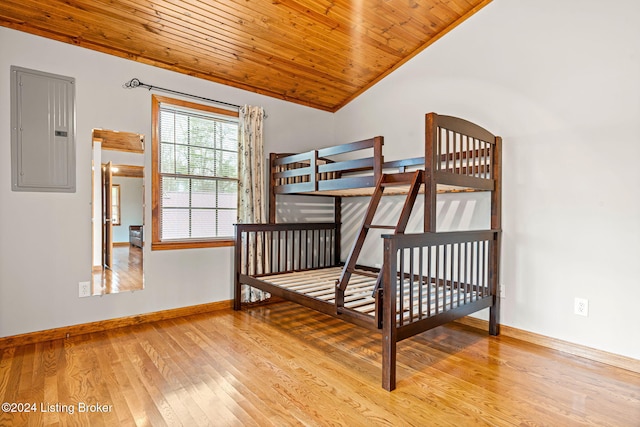 2773 Martin Pierce Rd, Cub Run, KY 42729 - bedroom featuring electric panel, lofted ceiling, wood-type flooring, and wood ceiling