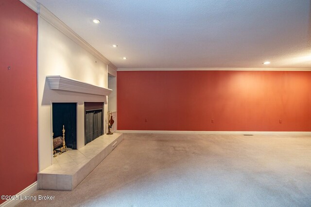 107 Westwood Dr, Elizabethtown, KY 42701 - unfurnished living room with recessed lighting, carpet, crown molding, and a tile fireplace
