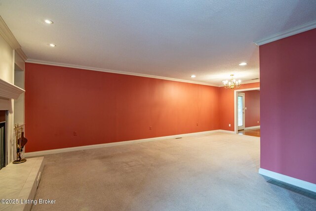 107 Westwood Dr, Elizabethtown, KY 42701 - unfurnished living room with recessed lighting, crown molding, a chandelier, a fireplace with flush hearth, and carpet floors