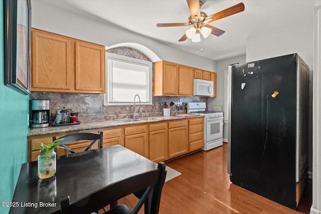 1120 Dresden Ave, Louisville, KY 40215 - kitchen featuring white appliances, tasteful backsplash, wood finished floors, and a ceiling fan