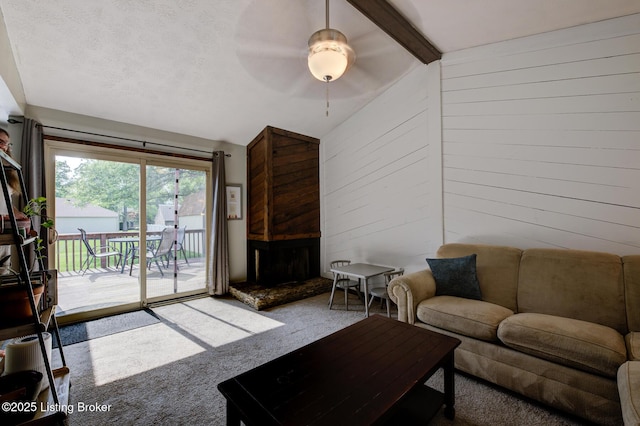 4606 Haeringdon Dr, Jeffersontown, KY 40299 - living room with carpet flooring, wooden walls, and ceiling fan