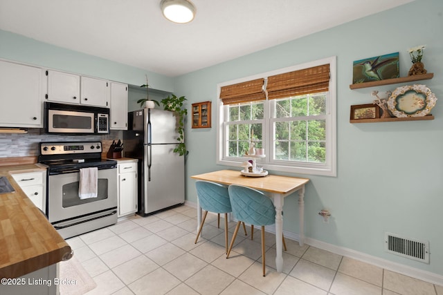 7813 Delightful Way, Louisville, KY 40291 - kitchen with appliances with stainless steel finishes, decorative backsplash, wood counters, white cabinets, and light tile patterned floors