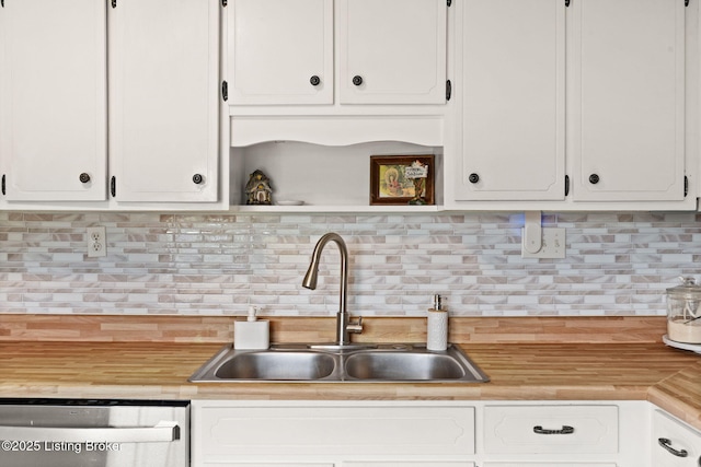 7813 Delightful Way, Louisville, KY 40291 - kitchen with stainless steel dishwasher, open shelves, white cabinets, backsplash, and butcher block counters