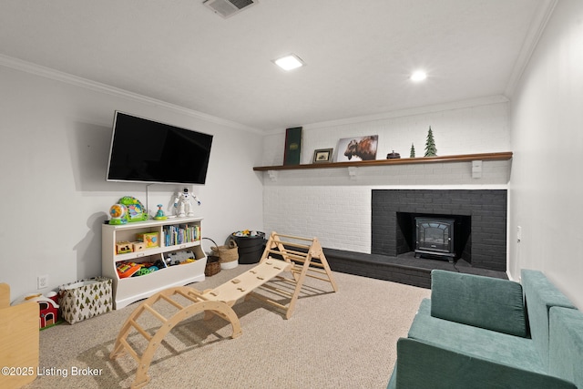 7813 Delightful Way, Louisville, KY 40291 - living room featuring ornamental molding, a wood stove, and recessed lighting