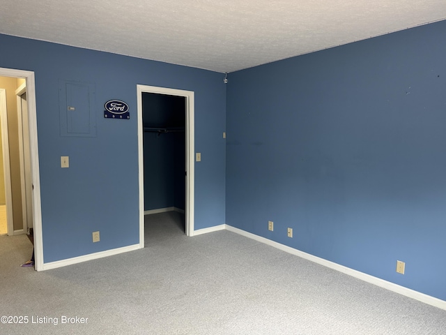 487 Piping Rock Rd, Brandenburg, KY 40108 - unfurnished bedroom with electric panel, a textured ceiling, carpet flooring, a walk in closet, and a closet