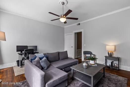 1129 S Brook St # 4, Louisville, KY 40203 - living area featuring a ceiling fan, wood finished floors, and crown molding
