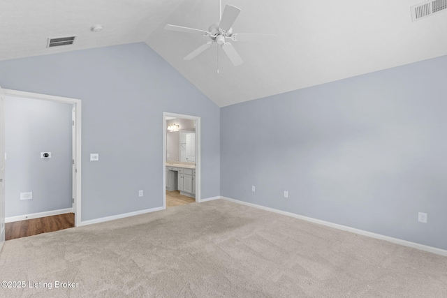 4331 Ivy Crest Cir, Louisville, KY 40241 - unfurnished bedroom with light carpet, high vaulted ceiling, ensuite bath, and ceiling fan