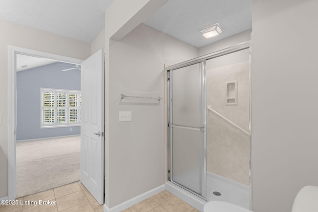 4331 Ivy Crest Cir, Louisville, KY 40241 - bathroom featuring a shower stall, tile patterned floors, a ceiling fan, and lofted ceiling