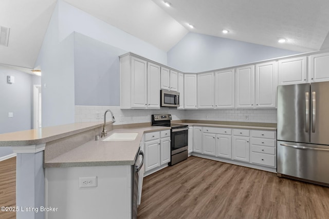 4331 Ivy Crest Cir, Louisville, KY 40241 - kitchen featuring appliances with stainless steel finishes, lofted ceiling, light wood finished floors, a peninsula, and light countertops