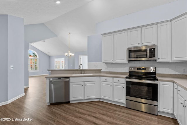 4331 Ivy Crest Cir, Louisville, KY 40241 - kitchen with stainless steel appliances, a chandelier, tasteful backsplash, dark wood-style flooring, and lofted ceiling
