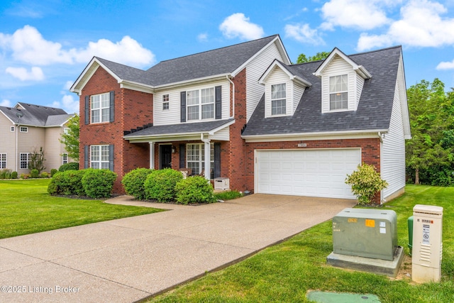 17804 Birch Bend Cir, Fisherville, KY 40023 - traditional-style house featuring brick siding, concrete driveway, a front lawn, a garage, and roof with shingles