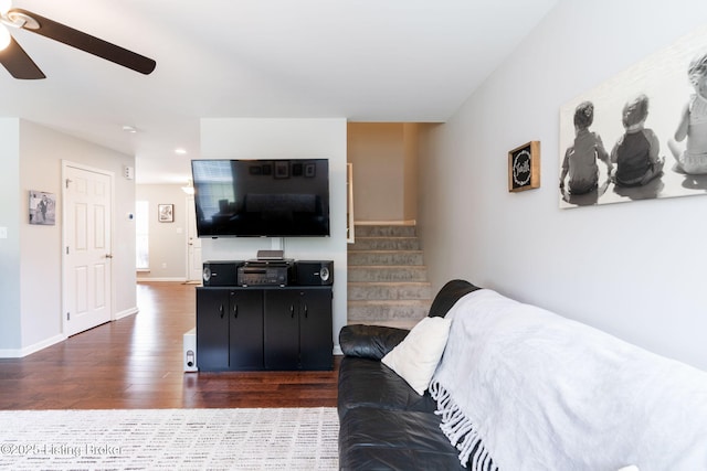 17804 Birch Bend Cir, Fisherville, KY 40023 - living area featuring dark wood-style floors, ceiling fan, stairs, and recessed lighting