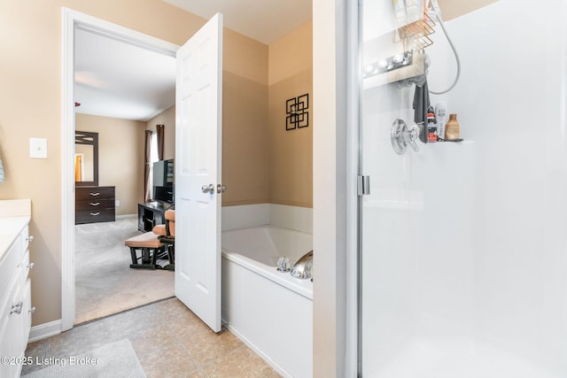 17804 Birch Bend Cir, Fisherville, KY 40023 - bathroom featuring vanity, a shower stall, a bath, and tile patterned floors