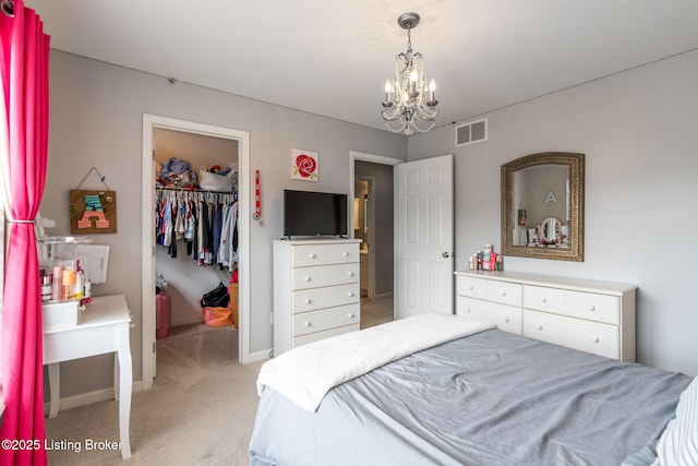 17804 Birch Bend Cir, Fisherville, KY 40023 - bedroom with light carpet, a spacious closet, a chandelier, and a closet
