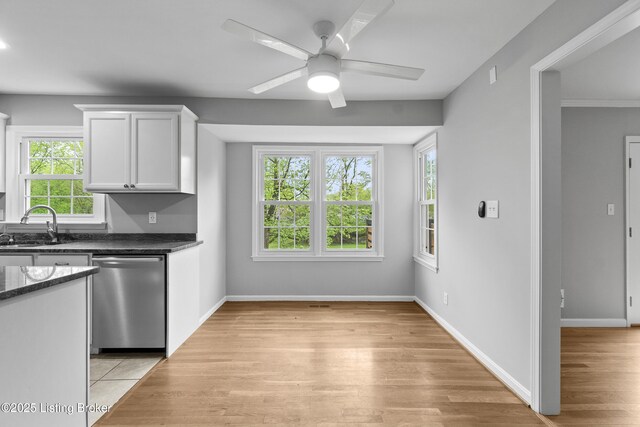 1908 Landing Rd, Prospect, KY 40059 - kitchen featuring stainless steel dishwasher, ceiling fan, light wood-style floors, and white cabinets