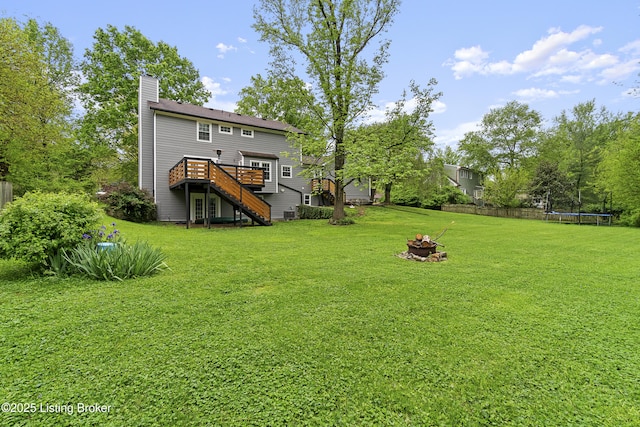 1908 Landing Rd, Prospect, KY 40059 - view of grassy yard with a trampoline, stairway, a fire pit, and a wooden deck