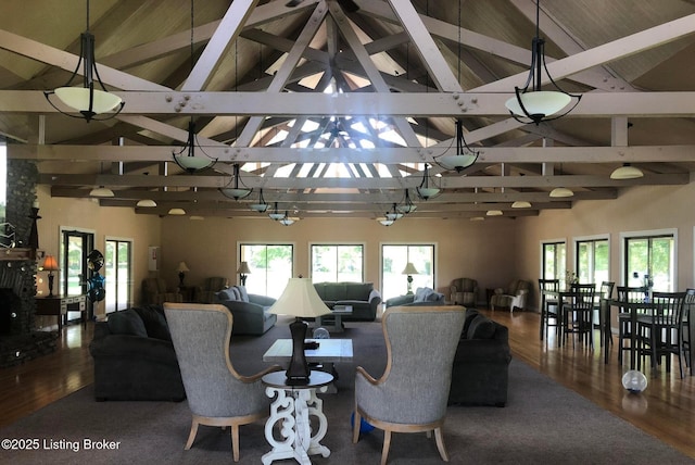 1908 Landing Rd, Prospect, KY 40059 - living area featuring beamed ceiling, wood finished floors, high vaulted ceiling, and healthy amount of natural light
