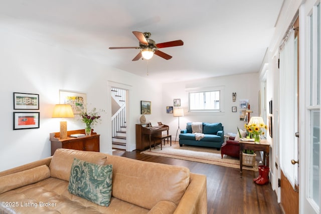 2144 Baringer Ave, Louisville, KY 40204 - living room featuring a ceiling fan, stairway, and wood finished floors