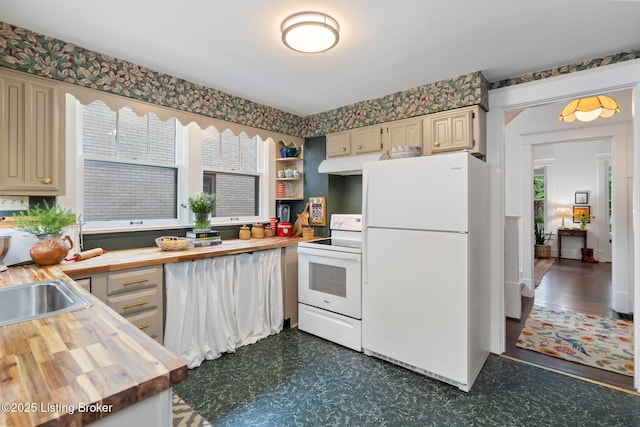2144 Baringer Ave, Louisville, KY 40204 - kitchen featuring white appliances, wood counters, under cabinet range hood, dark flooring, and open shelves