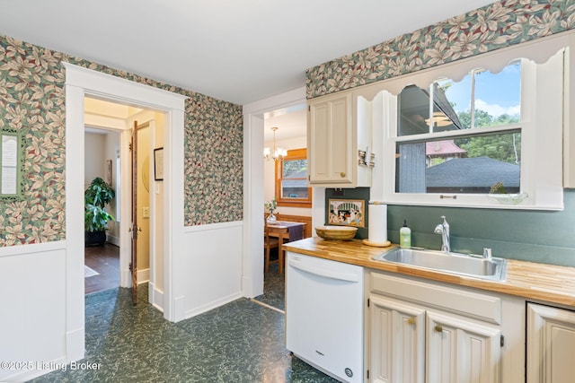 2144 Baringer Ave, Louisville, KY 40204 - kitchen featuring white dishwasher, wallpapered walls, wainscoting, butcher block counters, and dark floors
