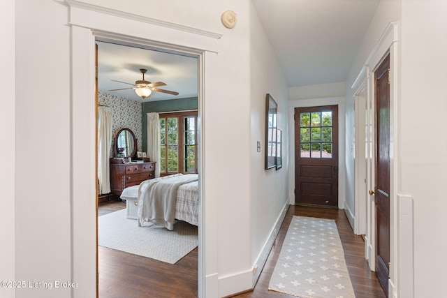 2144 Baringer Ave, Louisville, KY 40204 - entrance foyer with dark wood-style floors, wallpapered walls, and ceiling fan