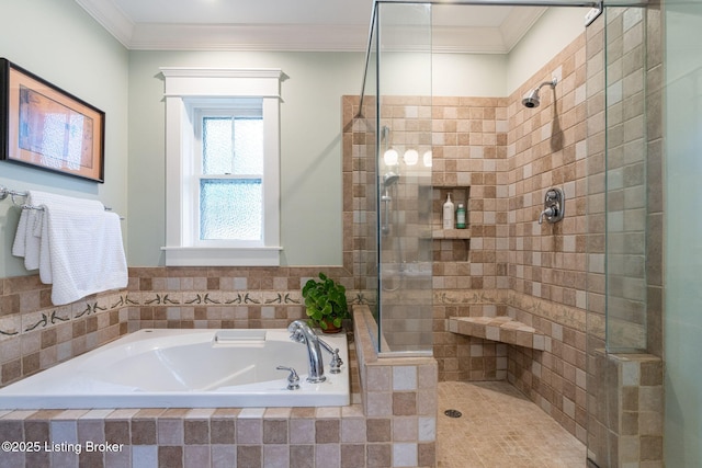 2144 Baringer Ave, Louisville, KY 40204 - bathroom with a bath, a tile shower, and crown molding