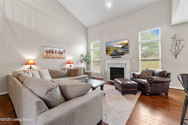 3903 Zaring Mill Ct, Louisville, KY 40241 - living room with high vaulted ceiling, wood-type flooring, and a premium fireplace