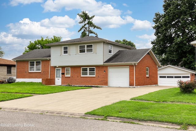 6218 Helenjean Way, Louisville, KY 40272 - tri-level home featuring brick siding, a front yard, an attached garage, and an outbuilding