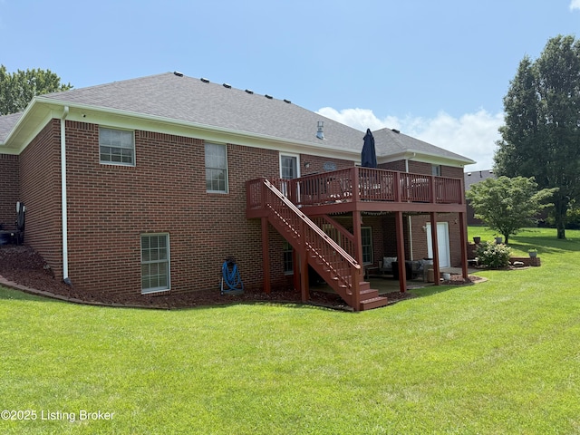 117 Deep Springs Dr, Bardstown, KY 40004 - rear view of property featuring a deck, stairway, brick siding, and a lawn