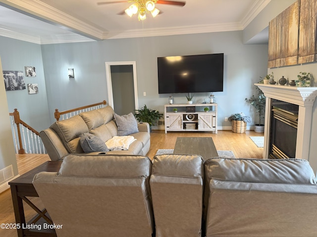 117 Deep Springs Dr, Bardstown, KY 40004 - living area featuring a ceiling fan, wood finished floors, ornamental molding, and a glass covered fireplace