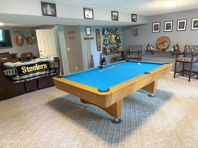 117 Deep Springs Dr, Bardstown, KY 40004 - playroom featuring carpet flooring, billiards table, a textured ceiling, and a bar