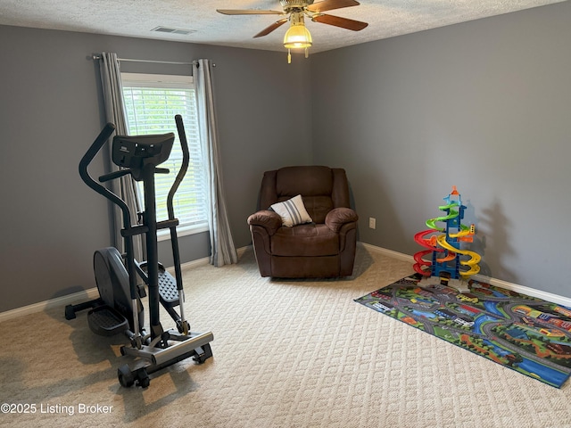 117 Deep Springs Dr, Bardstown, KY 40004 - workout room featuring a textured ceiling, a ceiling fan, and carpet floors