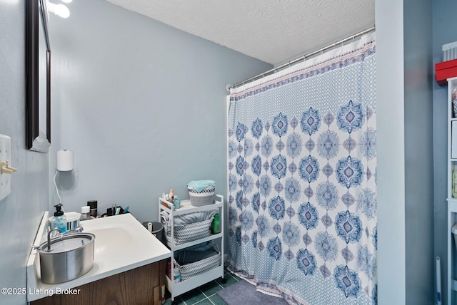 101 Bond St, Lawrenceburg, KY 40342 - full bathroom featuring vanity, tile patterned floors, curtained shower, and a textured ceiling
