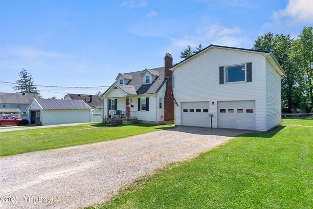 101 Bond St, Lawrenceburg, KY 40342 - view of front of house featuring dirt driveway, a garage, a chimney, and a front lawn
