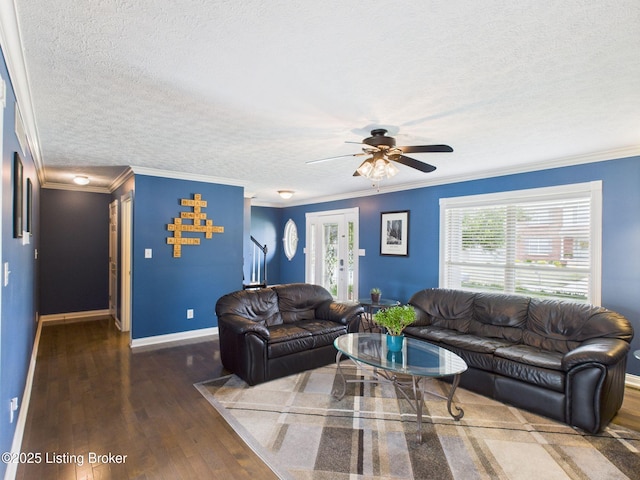 6408 Autumn Oak Way, Louisville, KY 40272 - living room with hardwood / wood-style floors, a textured ceiling, ornamental molding, ceiling fan, and stairway