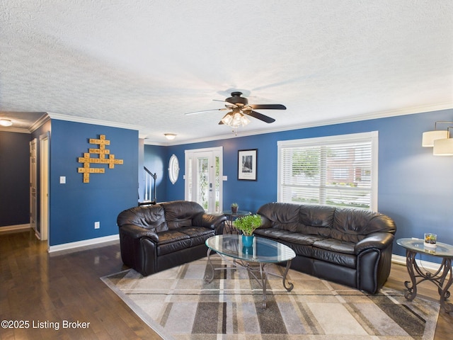 6408 Autumn Oak Way, Louisville, KY 40272 - living room featuring a textured ceiling, wood finished floors, ornamental molding, a ceiling fan, and stairs