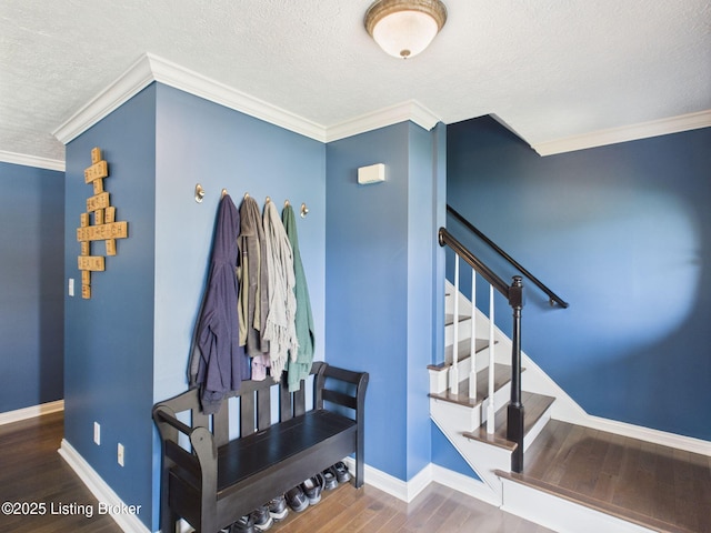 6408 Autumn Oak Way, Louisville, KY 40272 - mudroom featuring wood finished floors, a textured ceiling, and crown molding