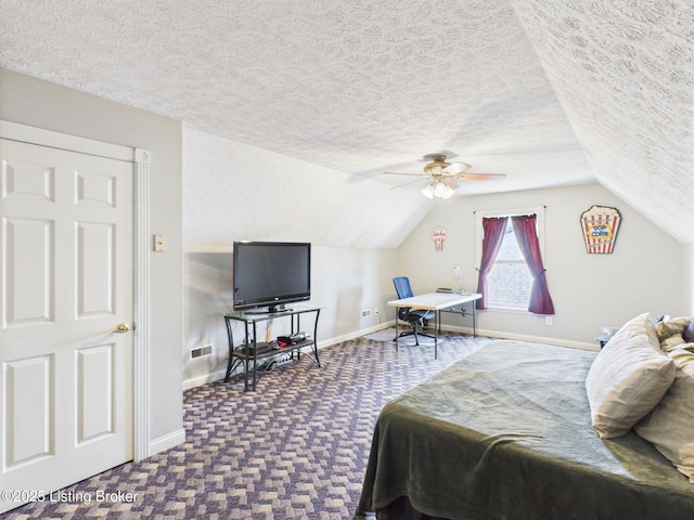 6408 Autumn Oak Way, Louisville, KY 40272 - bedroom featuring carpet, vaulted ceiling, a ceiling fan, and a textured ceiling