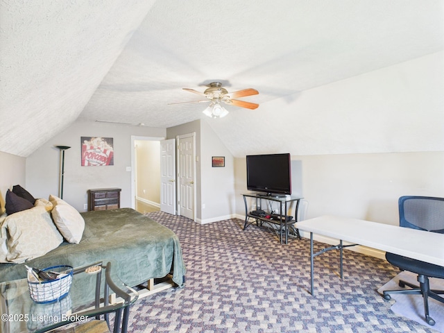 6408 Autumn Oak Way, Louisville, KY 40272 - carpeted bedroom featuring lofted ceiling, a desk, a ceiling fan, and a textured ceiling