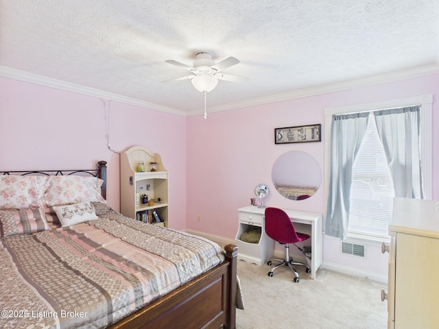 6408 Autumn Oak Way, Louisville, KY 40272 - bedroom with light carpet, crown molding, a textured ceiling, and a ceiling fan