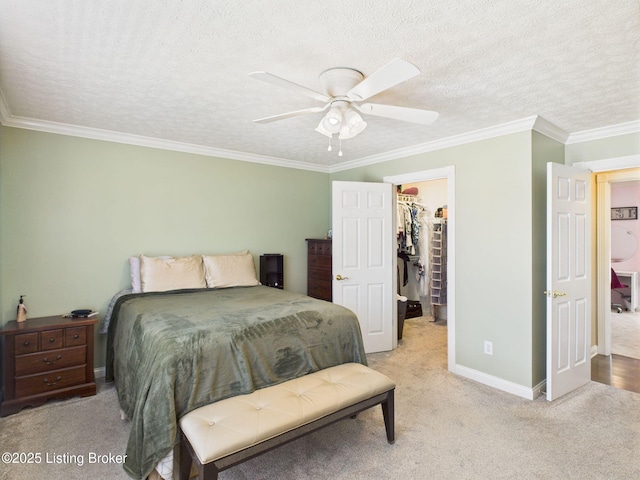 6408 Autumn Oak Way, Louisville, KY 40272 - carpeted bedroom with a spacious closet, a closet, ornamental molding, a textured ceiling, and a ceiling fan