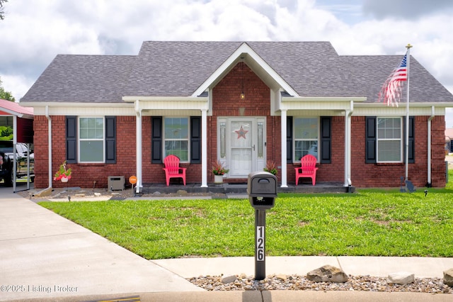 126 Shallow Springs Ct, Bardstown, KY 40004 - view of front of property with covered porch, a front yard, a shingled roof, and brick siding