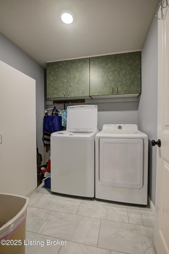 126 Shallow Springs Ct, Bardstown, KY 40004 - laundry room with cabinet space, independent washer and dryer, light marble finish floors, and a textured ceiling