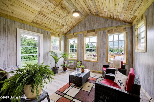 126 Shallow Springs Ct, Bardstown, KY 40004 - living room featuring lofted ceiling, wooden walls, wood finished floors, and wooden ceiling